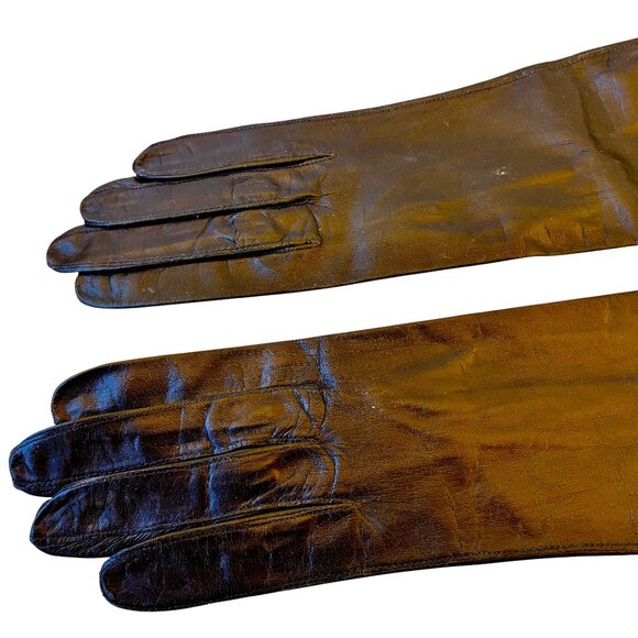 Vintage 60's FRANCE Black Kid Leather Opera Elbow Length Gloves France 6.5 NEW - Picture 7 of 9